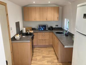 a kitchen with wooden cabinets and a counter top at Honey Bee Cabin in Llandysul