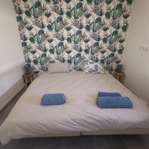 a bed with two blue pillows on top of it at Villa Montélimar in Montélimar