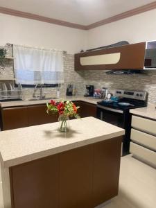 a kitchen with a vase of flowers on a counter at Victory Luxury Apartments in Montego Bay