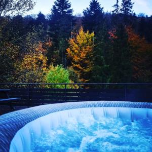 a hot tub in a backyard with trees in the background at Willa Bliski in Szczyrk