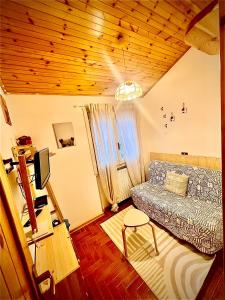 ein Wohnzimmer mit einem Bett und einer Holzdecke in der Unterkunft Casa serenaurora in Castel di Sangro