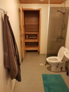 a bathroom with a toilet and a glass shower at Top in Oulu