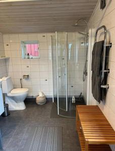 een badkamer met een douche, een toilet en een wastafel bij precis intill Ombergs golfbana, nära till Vättern, stora Lund och Hästholmen in Ödeshög