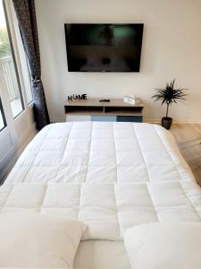 ein großes weißes Bett in einem Zimmer mit einem TV in der Unterkunft T2 cosy aux portes de Paris et de l'aéroport d'Orly in Athis-Mons