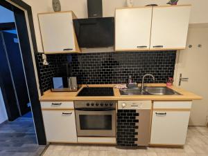 a small kitchen with a stove and a sink at Schönes 3 Zimmer Apartment in der Altstadt von Koblenz in Koblenz