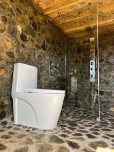 a bathroom with a toilet in a stone wall at Glamping Nuna Experience in Andahuaylas