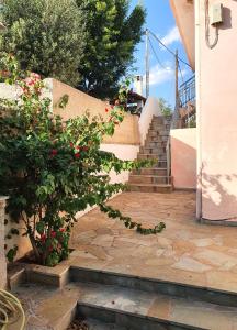 a set of stairs with a bush with red flowers at Sunny House in Vathí