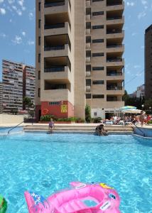 a swimming pool with a pink pig in the water at Dynastic Rooms Apartments in Benidorm
