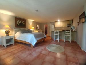 a large bedroom with a bed and a kitchen at Hacienda Camelot in Cozumel