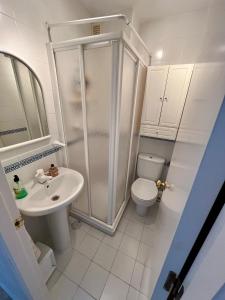 uma casa de banho com um chuveiro, um WC e um lavatório. em Apartamento Pinares del Portil a pie de playa em El Portil
