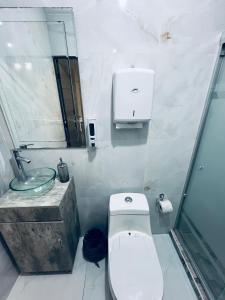 a bathroom with a toilet and a sink at Departamento ejecutivo nuevo in Ciudad Obregón