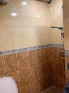 a bathroom with a toilet and a tiled shower at axis in Kʼumlistsʼikhe