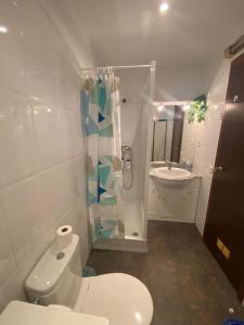 a bathroom with a toilet and a shower and a sink at Apartamento acogedor in El Vendrell
