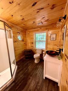 Baño con aseo en una cabaña de madera en Hidden 3BR Cabin in the Heart of Red River Gorge!, en Campton