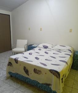 een slaapkamer met een bed en een stoel bij El Viajero Hostel & Suítes 11 in Pedro Juan Caballero