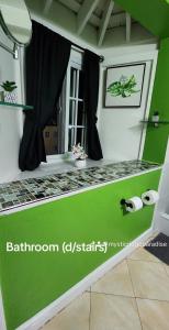 a green and white bathroom with a window and toilet paper at Mystic Ridge Paradise in Ocho Rios