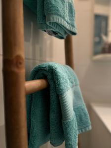 a green towel on a towel rack in a bathroom at L'Harmony in Saint-Arnoult-en-Yvelines