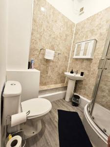 La salle de bains est pourvue de toilettes et d'un lavabo. dans l'établissement Charming flat in Stokes Croft, à Bristol