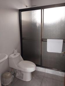 a bathroom with a toilet and a glass shower stall at Arenal Vistas del Paraiso in Nuevo Arenal +32 photos