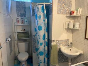 a small bathroom with a toilet and a sink at Dangleben’s Apartment in Pointe Michel