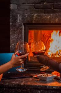 two people holding glasses of wine in front of a fireplace at Sapancaimrozveposeidon in Sakarya