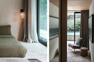 twee afbeeldingen van een slaapkamer met een bed en een raam bij Sandhouse Berawa in Canggu