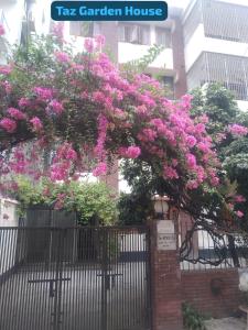 a fence with pink flowers on a building at Taz Garden House in Dhaka