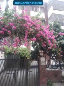 uma cerca com flores cor-de-rosa num edifício em Taz Garden House em Daca