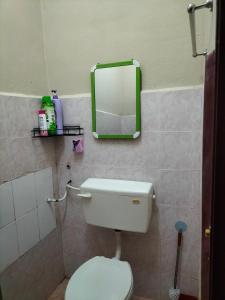 een badkamer met een toilet en een spiegel aan de muur bij SRI TEGUH HOMESTAY in Tanah Merah