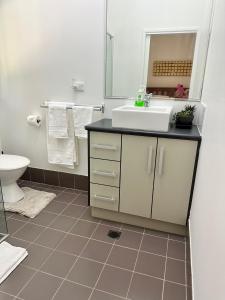 a bathroom with a sink and a toilet and a mirror at Cairns Rainforest Retreats in Bellenden Ker