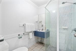 a bathroom with a shower and a sink and a toilet at Econo Lodge Waterford in Loganlea +55 photos