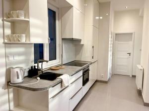 a white kitchen with a sink and a counter at Modern flat in Central Prague in Prague