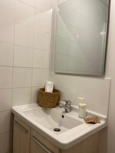 ein Bad mit einem Waschbecken und einem Spiegel in der Unterkunft Maison Paisible à 15 min de Disneyland ! in Crégy-lès-Meaux