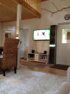 een woonkamer met een flatscreen-tv aan de muur bij Kaaro 2 Cottage in Hillosensalmi