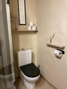a bathroom with a white toilet with a black seat at Lark One in Schleibnitz