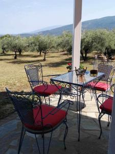 a table and chairs with a cat sitting on top of it at ZeusPlace Olympus Olive Country House 1 in Leptokaria