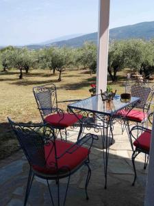a table and chairs with a cat sitting on top of it at ZeusPlace Olympus Olive Country House 1 in Leptokarya