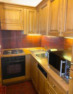 a kitchen with wooden cabinets and a sink and a microwave at FALORIA APARTMENT-splendid view in Cortina dʼAmpezzo