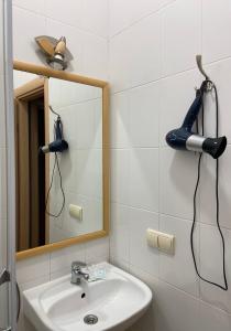 a bathroom with a sink and a mirror and a hair dryer at Freska Apartments in Lviv