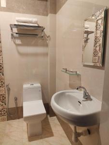 La salle de bains est pourvue de toilettes blanches et d'un lavabo. dans l'établissement RiomarBR, à Panaji