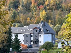 een groot wit huis met een grijs dak bij Molinaro Apartmány Jeseníky in Karlovice