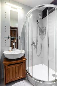 a bathroom with a shower and a sink and a tub at Apartament Aspekt Zakopane in Zakopane