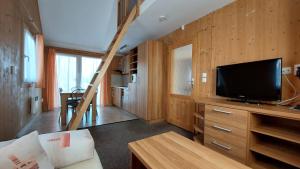 a living room with a tv on a wooden wall at Apartmány U Potoka in Dolní Moravice