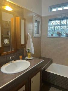 W łazience znajduje się umywalka, wanna i lustro. w obiekcie Το σπίτι του Μύλου των Ξωτικών w mieście Tríkala