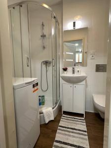 Un baño con ducha, lavabo e inodoro. en CENTRUM Bagno3 APART PARKING, en Varsovia