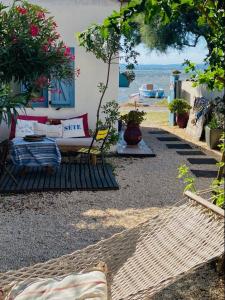 une terrasse avec un canapé, des chaises et des arbres dans l'établissement Cabanon de pêcheur en bord de lagune, à Sète