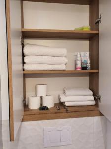 Un estante de baño con toallas y toallitas encima. en CENTRUM Bagno3 APART PARKING, en Varsovia 32 fotos más