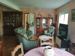 sala de estar con sillas, mesa y TV en Chez Olivier and Josette in Mulhouse Sud, en Illfurth