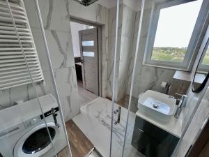 łazienka z umywalką i pralką w obiekcie Apartaments Baltycka 37 - Rzeszow w mieście Rzeszów