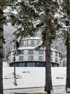 a building in the snow with a bench in front at Apartament Bellavue w Czarnej Perle in Stronie Śląskie